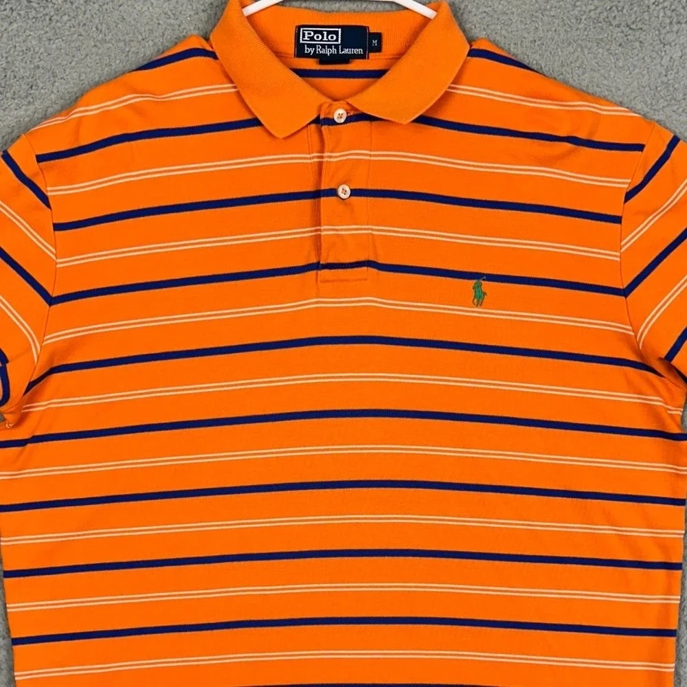 Polo Ralph Lauren Polo Shirt Mens Medium Orange Navy Striped Casual Rugby Pony
